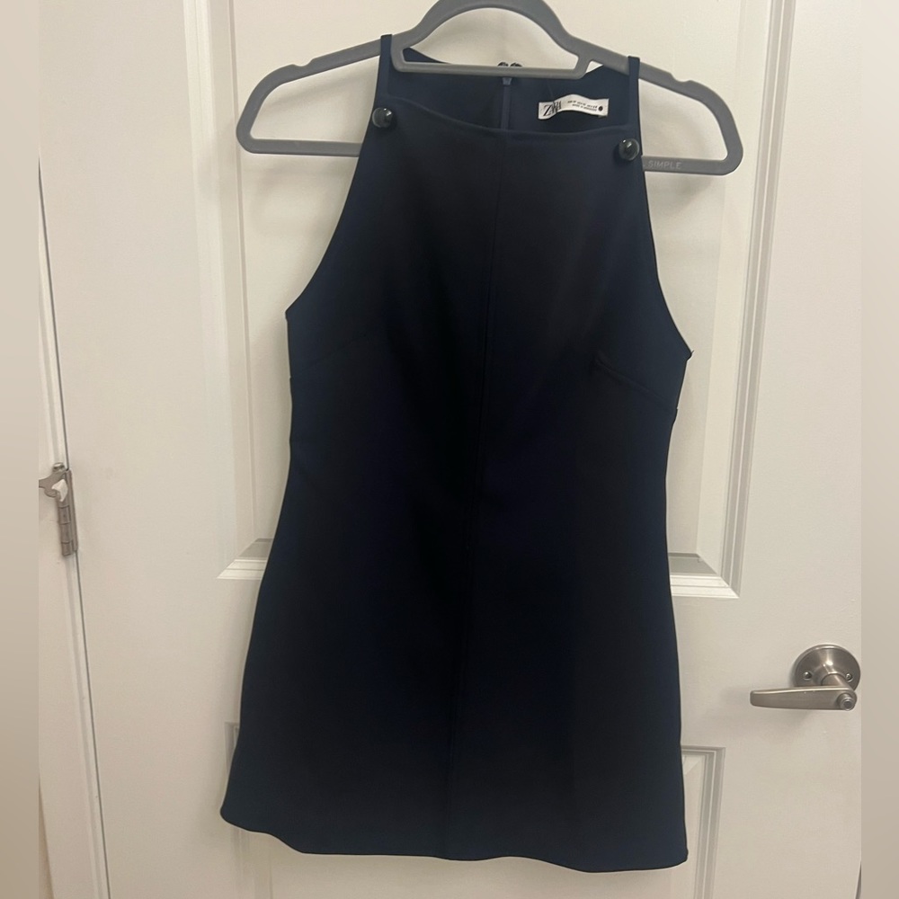 Zara Navy Blue Short Dress With Buttons